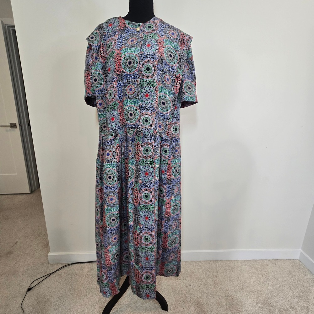 Leslie Fay Dress Womens 18 Multi Color Vintage Geometric Midi Dropped Waist (D9)